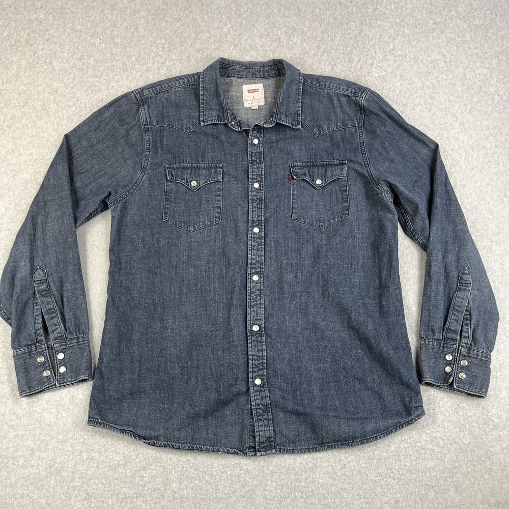Levis Denim Shirt Mens XL Western Jeans Pearl Snap Long Sleeve Blue Cowboy